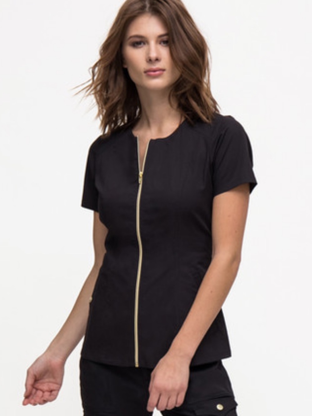 Jaanuu Bikers Top Black Zip-Front Scrub Top with Gold Accents